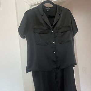 Black Satin Short Sleeve Top and Pants Set